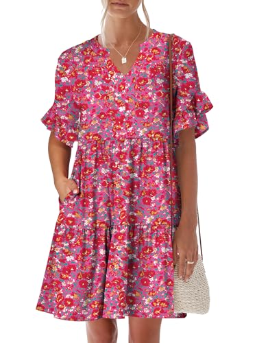 Image of ANRABESS Women's Summer Casual Dress, V-Neck Ruffle Sleeve Tiered Mini Dress, Soft Comfy Fabric with Pockets for All-Day Wear