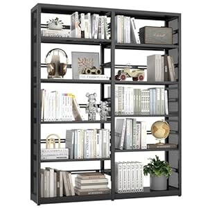 Large 5 Shelf Bookcase, Metal 5 Tier Bookshelf with Bookends, 54 Inch Wide Book Case, Tall Book Shelf Organizer, Black Bookcases for Library, Home Office, School, Clinic-Assemble Required