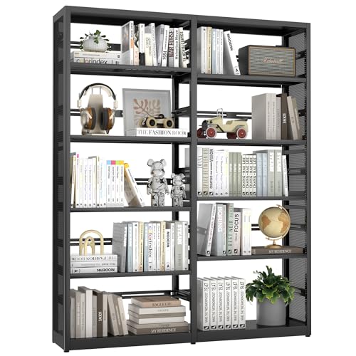 Large 5 Shelf Bookcase, Metal 5 Tier Bookshelf with Bookends, 54 Inch Wide Book Case, Tall Book Shelf Organizer, Black Bookcases for Library, Home Office, School, Clinic-Assemble Required