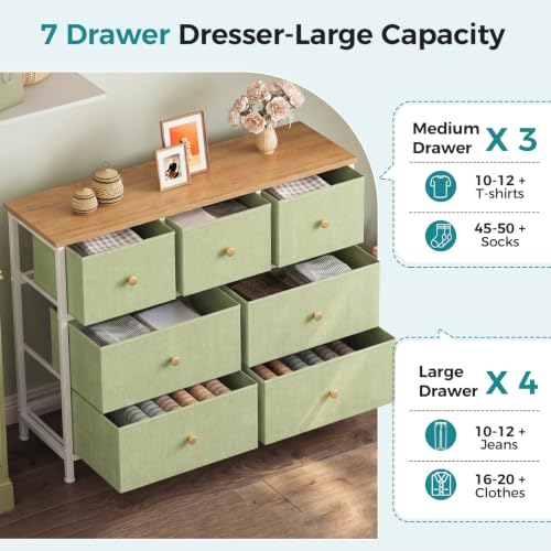 Image of OLIXIS 7 Drawer Dresser for Bedroom, Tall Fabric Storage Tower with Sturdy Steel Frame and Wooden Top, Large Dresser for Living Room Entryway with Easy Pull Fabric Bins,Light Green