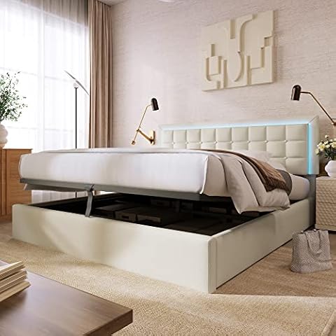 KecDuey Cama matrimonial hidráulica con almacenamiento y barra LED Cover