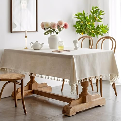 Mantel Mesa Algodon Lino Manteles Rectangular, 140×100cm Antimanchas Diseño de borlas, Antimanchas de Algodón y Lino Manteles, Boho Elegante Algodon Linos con Borlas para Mesa De Café, Sala De Estar