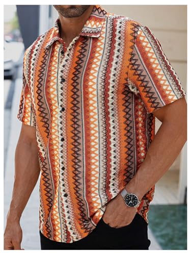 OYOANGLE Men's Textured Jacquard Button Down Shirts Color Block Short Sleeve Boho Vacation Shirt3