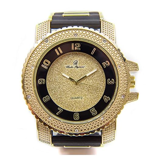 Charles Raymond Iced Oversized Hip Hop Bullet Rubber Band Mens Watch, That Shows Your Lust for Life - GJM0586 (7758R Gold/Black Trim)