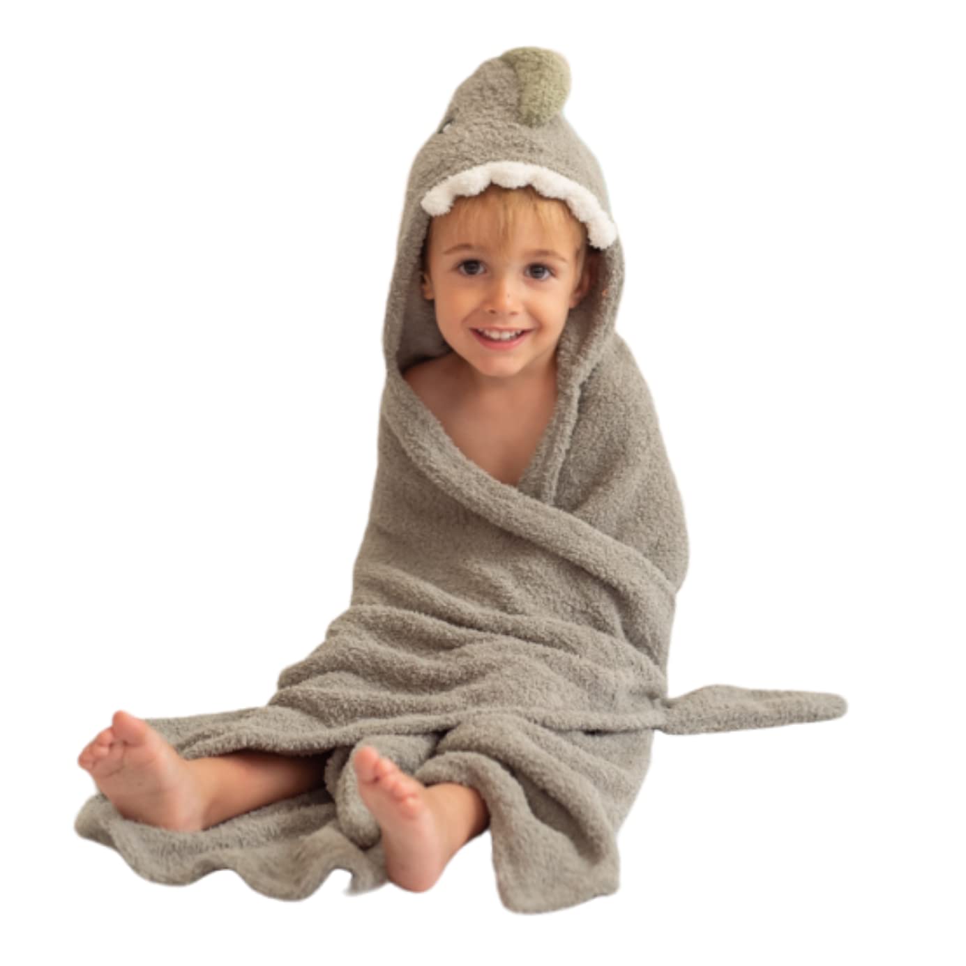 CROCHETTS – Serviette Dino Enfant 148x118 cm Grise | Cape de Bain Dinosaure à Capuche, Douce, absorbante et à séchage Rapide