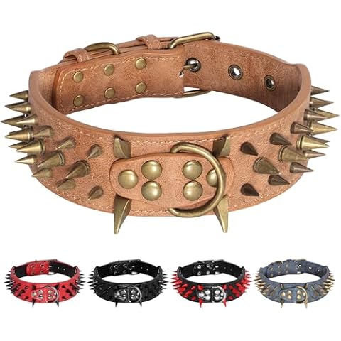 Beirui Heavy Duty Spiked Leather Dog Collar 2 inch Wide - Anti-Bite Sharp Rivet Studded Dog Collar for Medium Large Dogs Pit Bull Mastiff Bulldog(Brown,Neck for 14-19",Total Length 21.5") Cover