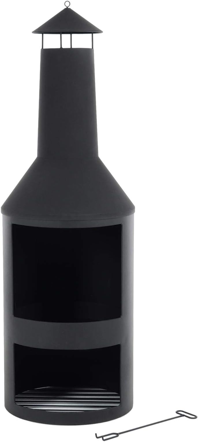 LogBarn Chiminea Black Steel Firepit Garden Outdoor Wood Burner Contemporary Design Tall