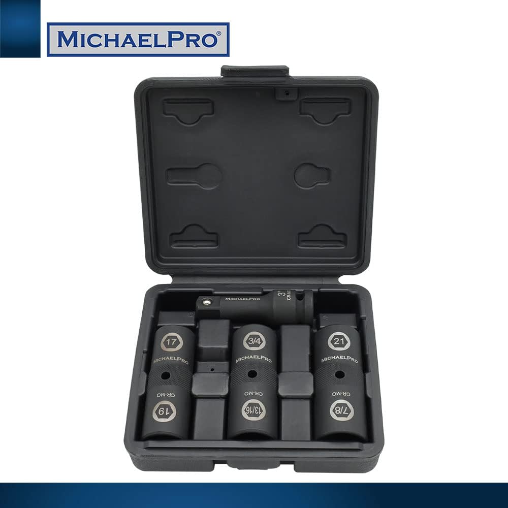 MichaelPro 4-Piece Lug Nut Socket Set, 1/2'' Drive Impact Flip Socket, SAE & Metric (3/4'', 13/16'', 7/8'', 17,19, 21 mm), High Torque Resistant Cr-Mo Steel, Extension Bar and Case Included - MP005022