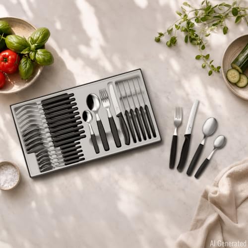 Foto von Victorinox Classic, Profi Tafelbesteck, 24-teilig, Extra Scharfe Klinge, Wellenschliff, 11 cm, Rostfreier Stahl, schwarz