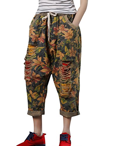 Women's Elastic Waist Harem Pants Drop Crotch Ripped Jeans Style 42