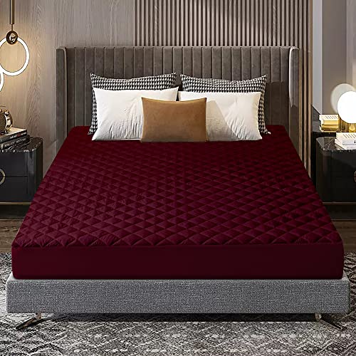 Image of Glassiano Sapphire Waterproof Quilted Mattress Protector 75x60 Inch for Double Bed Queen Size - Ultra Soft & Hypoallergenic Mattress Cover (Maroon - 1 Pcs)