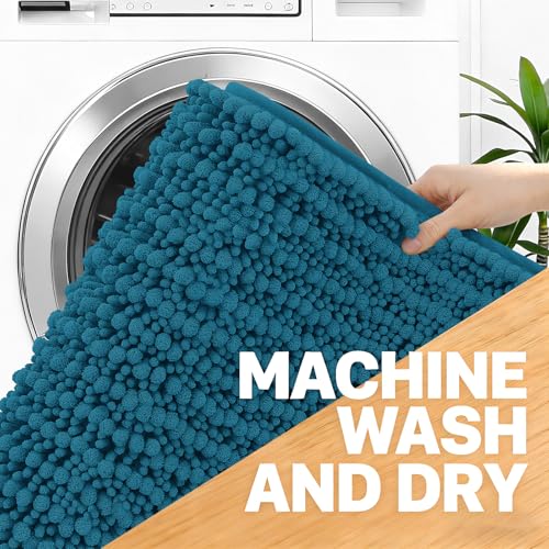 Image of OLANLY Bathroom Rug Mat 44x24, Thick Soft and Absorbent Chenille Bath Mat, Non-Slip Rubber Backing, Machine Washable Quick Dry Bath Rugs for Tub Shower Floor, Home Decor Accessories, Peacock Blue