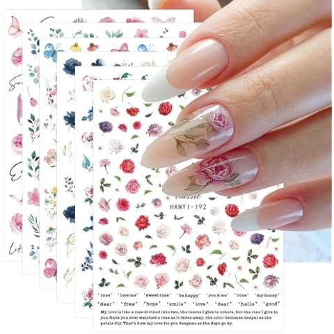 Spring Flower Nail Stickers, 18 Sheets Self-Adhesive Nail Decal Summer Floral Nail Art Decoration Design Supplies Cover