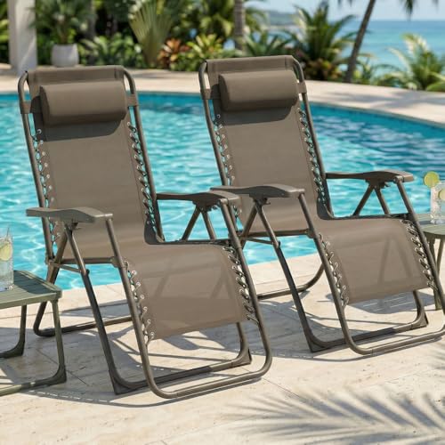 CASABEL Lot de 2 chaises Pliantes Zéro Gravité Taupe, fauteuils extérieurs inclinables et Confortables en Acier Anti‑Rouille et Toile Textilene...