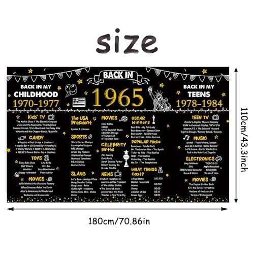 Image of DARUNAXY 61st Birthday Black Gold Party Decoration, Back in 1965 Banner Cheers to 61 Years Old Birthday Party Poster Supplies, 6 * 3.6FT Vintage 1965 Backdrop Photography Background for Men and Women