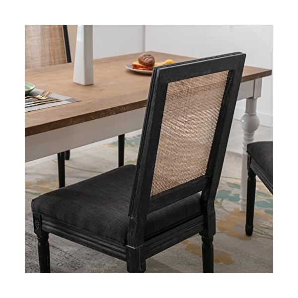 Guyou black farmhouse dining chairs set of 4 upholstered dining room chairs with rectangular rattan back french country accent chair with distressed wood frame for kitchen living room beige  urban country home decor