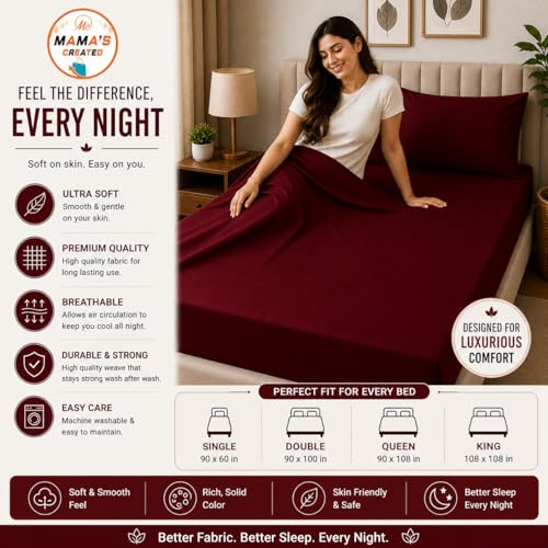 Image of Double Size Bed Sheet - 600 Thread Count Single Flat Sheet Only - Long Staple Egyptian Cotton Top Sheet Wrinkle & Fade Resistant - Burgundy