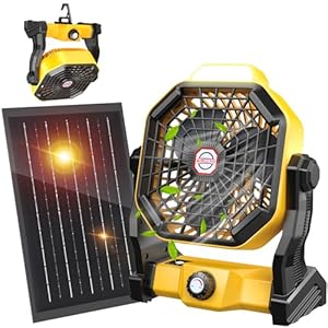 10400mAh Solar fan, Camping Fan with Solar Panel, 7W Rechargeable Solar Powered Fan for Outside, LED Lantern, Stepless Speed and Quiet Battery Operated Tent Fan for Picnic, Barbecue, Fishing, Travel