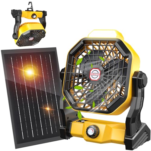 10400mAh Solar Fan with LED Lantern, Camping Fan with Solar Panel, 7W Rechargeable Solar Powered Fan for Outside, Quiet Battery Operated Tent Fan for Picnic, Barbecue, Fishing, Travel