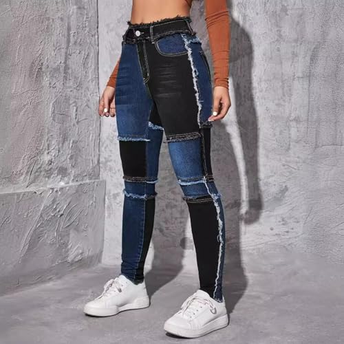 Jeans Pants Trousers Denim Slim Fit Mid Waist Fringed Elastic Tight Fit Color Blocked Casual Jeans for Women2