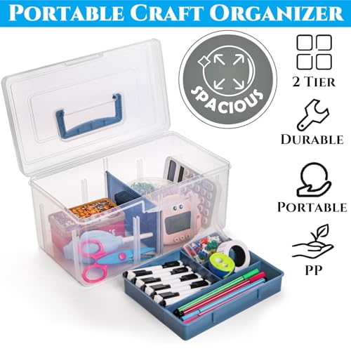 2 Pack Plastic Dividing Storage Box, 2 Layer Multipurpose Craft Organizer and Storage Box with Removable Tray Handle, Portable Art Supply Container for Bead, Tool, Sewing - Image 5