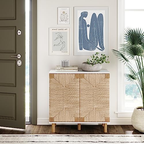 Image of Nathan James Beacon Accent Natural Sideboard Storage Cabinet with Adjustable Interior Shelf and Seagrass Doors, for Hallway, Entryway or Dining Room, Light Brown /White
