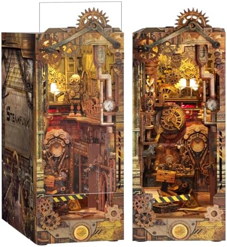 RONSTONE Book Nook - DIY Miniatur Puppenhaus Booknook Kit mit Staubschutzhülle - Buchstütze Bücherregal Einsatz Dekor mit Led Licht - Steampunk 3D Puzzles Geschenk für Erwachsene