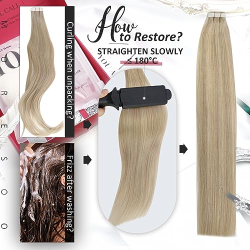 Image of Moresoo Tape in Extensions Human Hair Ash Blonde 14in 40Pcs 80g | Tape in hair extensions human hair blonde, full-set volume, flat tabs, straight texture for center parts, weekend wear