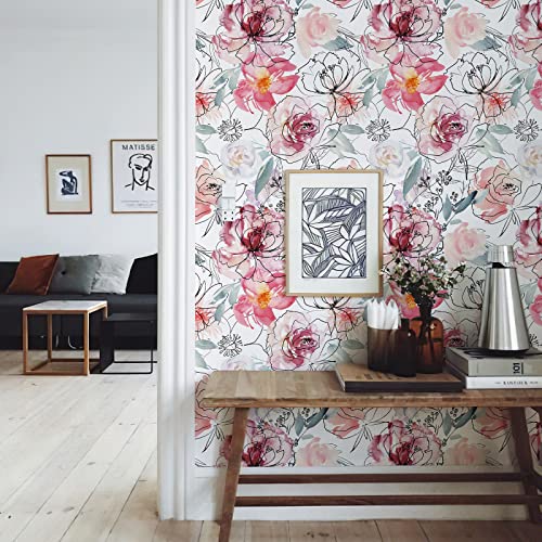Jiffdiff Floral Wallpaper Peel And Stick Wallpaper Pink Peony Wallpaper Nursery Wallpaper Wall Mural Stick On Wallpaper (White 17.3"X 118") #TOP22