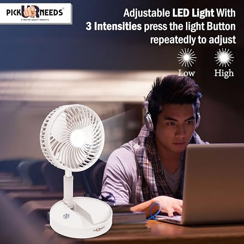 Image of Pick Ur Needs Rechargeable Foldable Small Standing Electric Mini Fan With 3 Mode & LED Light For Home, Bedroom, Office (White)