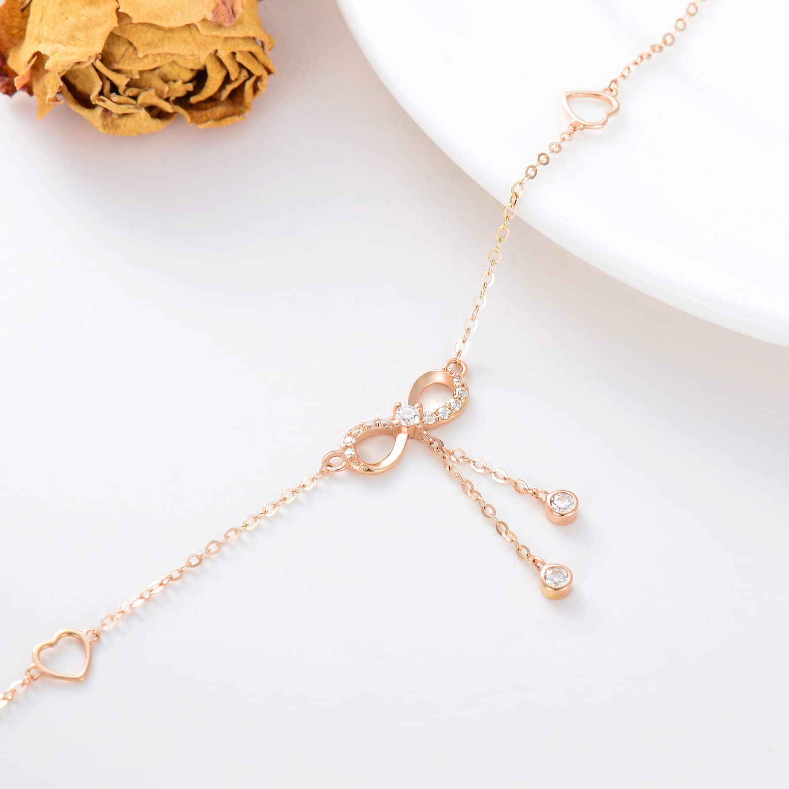 Cavigliera da donna in oro massiccio 14 carati, con cuore infinito in moissanite, in vero oro puro, cavigliera con perline, per anniversario, compleanno, regalo per moglie e mamma, 20,3 cm + 5,1 cm