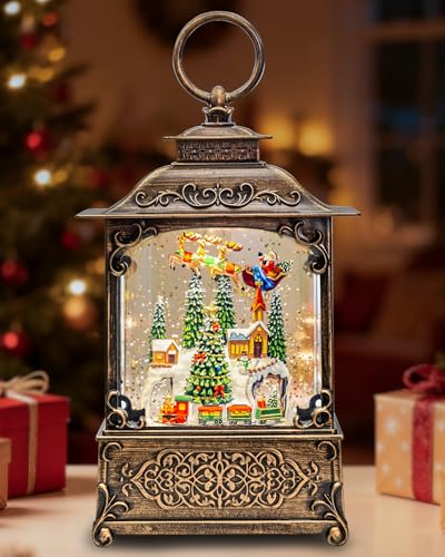 Vintage Christmas Lantern Snow Globe with Santa Sleigh Village Scene, Lighted Musical Holiday Decor with Swirling Glitter Snow, 8 Songs, Timer Function, USB & Battery Powered Tabletop