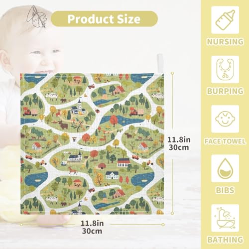 vvfelixl Baby Muslin Washcloths Cartoon Countryside Map Baby Burp Cloths Cotton Babys Face Towel for Newborn Infants Boys Girls Soft and Absorbent 11.8 X 11.8 in, 3 Pack4
