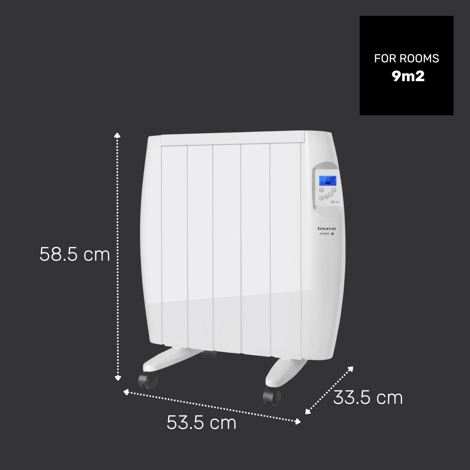 Taurus - Emisor Térmico WIFI Malbork Connect 900W | 3 Modos + Temperatura Ajustable | Ruedas + Soporte | Radiador Eléctrico APP Alexa Google Home | Apto Baños IP24 | Pantalla LCD | 10m2 | 58x53.5x8