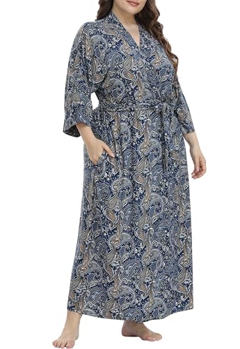 iFigure Women's Plus Size Bathrobes Long Robe Dressing Gown Soft Sleepwear, Navy/Paisley, 4X