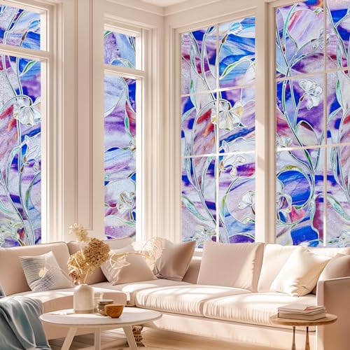 Image of SUNBABY Stained Glass Window Film,3D Decorative Window Privacy Film,Window Decals,Non-Adhesive Heat Control Anti UV Vinyl Static Clings,17.1 x 118 Inches