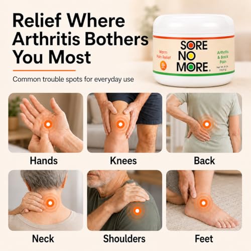 Image of Sore No More Arthritis Pain Reliever Cream - Targeted Warm Relief for Back, Neck, Hands & Feet - Soothing & Fast-Acting Formula for Aches and Pains - Non-Greasy with Orange Aroma - 8 oz