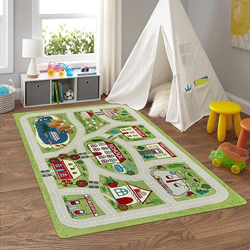 Image of LIVEBOX Green Kids Rug for Playroom, 4'x6' Washable Road Rug for Boys Room, Non-Slip Soft Car Rug for Baby Nursery, Large Kids Floor Mats for Boys Girls Dorm Toy Room Tent