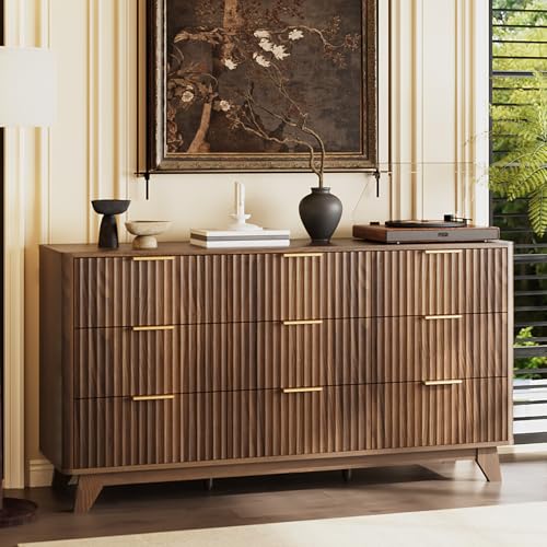 Image of VINGLI Fluted Walnut Dresser 9 Drawer, Dark Wood Dresser Brown with Rounded Edges, 57 inch Long Mid Century Modern Dressers for Bedroom, 57 inch W*15.75 inch D*29.92 inch H