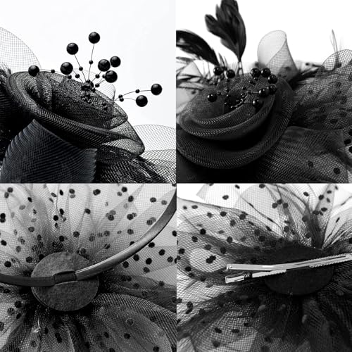 Women Fascinators Hat Tea Party Headwear Kentucky-Derby Headwear with Clip Mesh Veil Headdress for Wedding Black - Thumbnail 4