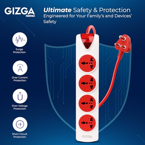 Image of Gizga Essentials 1500W /6A Multi Plug Extension Board with 4 Universal Sockets for Office & Home Appliances, Fuse Protector, Power Indicator, 1.5M Cord, Durable Switch, Flame Retardant Material