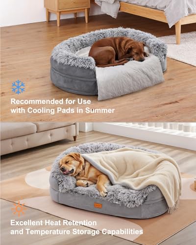Image of iweepet Fluffy Calming Jumbo Orthopedic Dog Beds for Extra Large Dogs, Supportive Dog Sofa Bed with 3.7 inch 28D Egg-Crate Foam, Removable Washable Plush Cover, Waterproof Lining, 48'',Grey