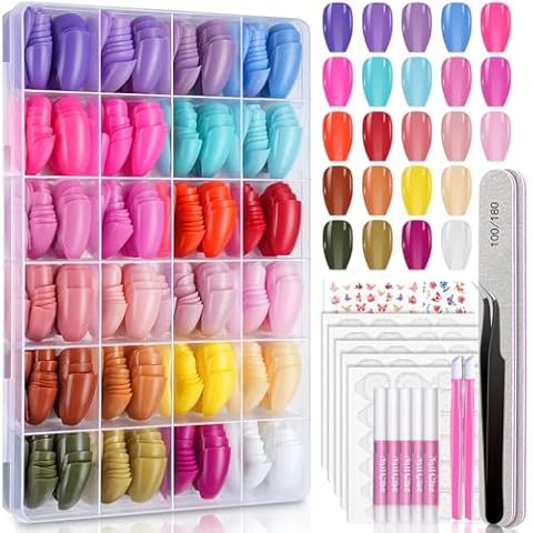 720PCS Coffin Press On Nails, TsMADDTs 24 Colors Acrylic Medium Short Ballerina False Nails tips with Glue, File, Tabs, Stickers and Tweezer for Art DIY Cover