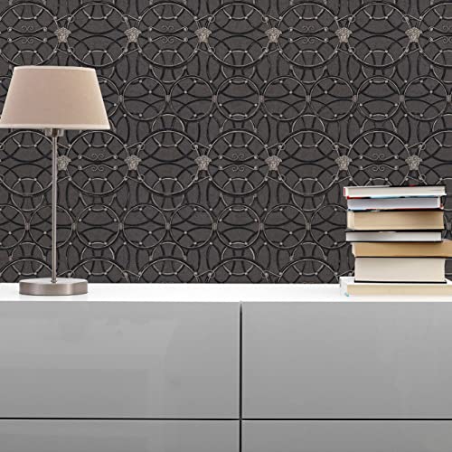 TADESSI Carta da parati barocco Samuel M1-No.308, in tessuto non tessuto, colore argento e nero, per soggiorno, camera da letto, cucina