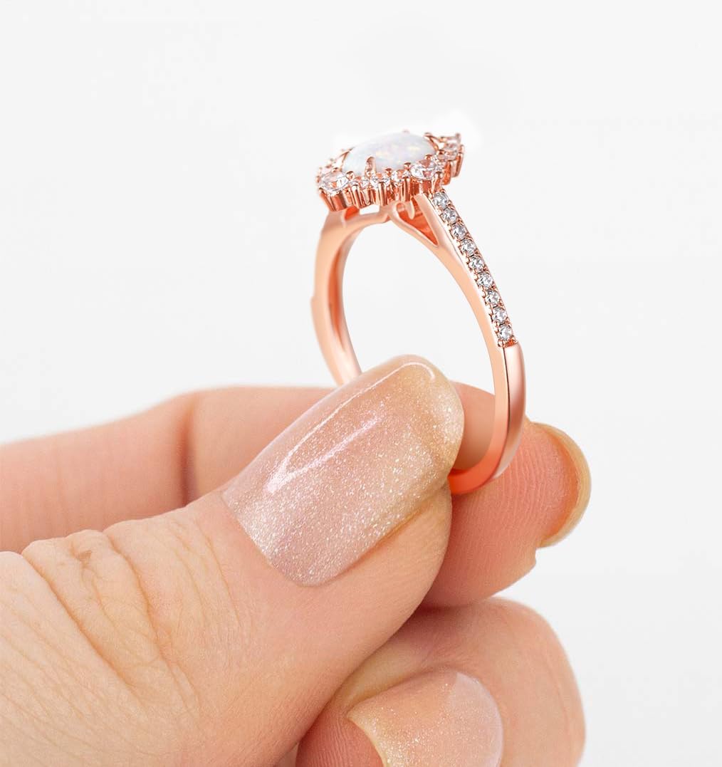 TIGRADE 1.5CT Oval Opal Bridal Ring Sets 3Pcs Rose Gold Stackable Rings Cubic Zirconia Engagement Halo CZ Wedding Band for Women Size 3-12 - Image 3