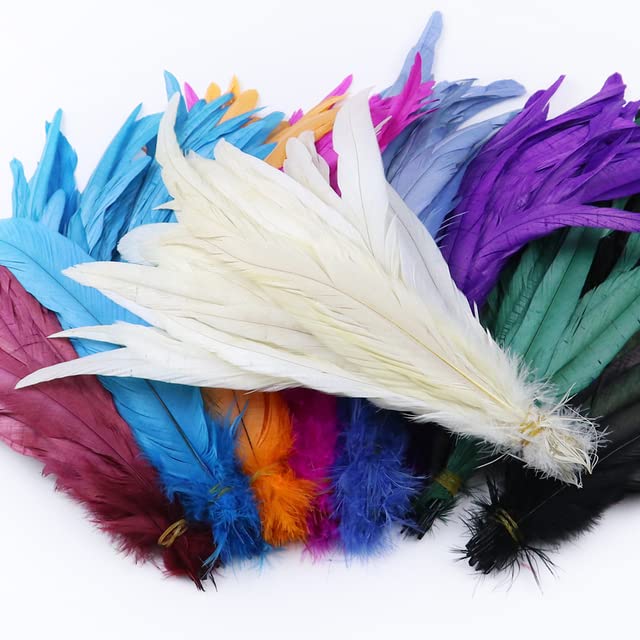 YUWEN 100 unids/Lote de Plumas de Cola de Gallo, Plumas de Gallo Blancas y Negras Naturales para Manualidades, Tocado de Escenario de Carnaval, decoración, penacho de 25-40cm