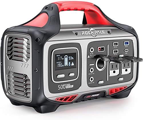 ROCKPALS Portable Power Station 500W - 505Wh Solar Generator with 2 AC Outlet (Peak 750W), Solar Powered Generator - 12V Regulated Outdoor Generator for Camping Road Trip, Outdoor Adventure