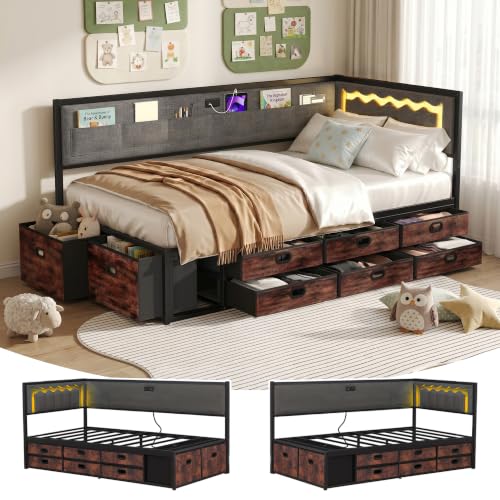 UQGVML Twin Daybed with Storage, Corner Bed with 8 Drawers, Grey