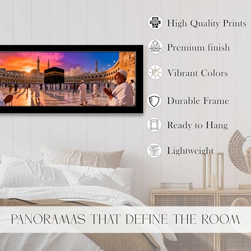 Image of PAINTINGMANTRA Makka Madina Kaaba Islamic Arabic Wall Art Framed Luxury Paintings for Home Decoration, Living room, Bedroom and Office Decoration (99x38 CM)