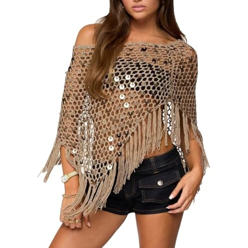 Fringe Sequin Crochet Poncho, Women Sheer Poncho Top Lightweight Knit Mesh Batwing Sleeve Beach Cover Ups